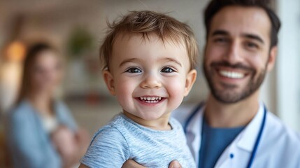 Aufkleber - A father holding his child in a doctors office, receiving advice from a pediatrician during a routine check-up. The office is bright and welcoming, designed to make children feel comfortable. Large