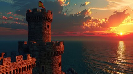 Wall Mural - Non-real Montjuc Castle glowing under a vibrant sunset with red and yellow tones