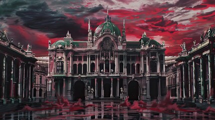 Wall Mural - Non-real Burgtheater glowing under a red sky with white clouds and green highlights