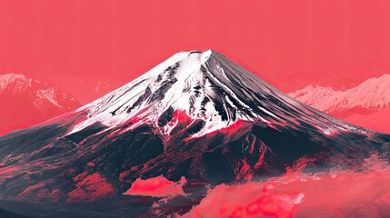 Wall Mural - Fictional Mount Fuji glowing in white with a red sky echoing Japan's flag colors