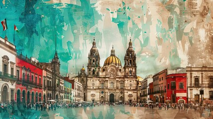 Wall Mural - Imaginary Zocalo Square scene with cathedral and surroundings in green white and red