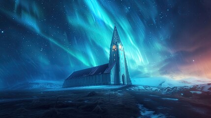 Wall Mural - Imaginary Hallgrimskirkja scene with the church illuminated in Icelandic flag colors beneath northern lights