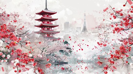 Poster - Imaginary Kiyomizu-Dera Temple scene glowing in red and white with cherry blossoms around