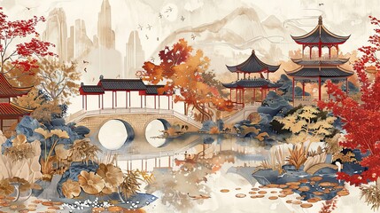 Poster - Fictional Suzhou Gardens in China with red and gold colors shining through still waters