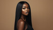 © LotusBlanc - Elegant Black Woman with Long Keratin Straightened Black Hair in Studio, Black Posh Beauty with Straight Hair, African American Female in Black Dress on Dark Beige, Mocha Mousse Background.