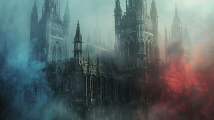 Wall Mural - Non-real Canterbury Cathedral illuminated in British flag colors set against a misty sky