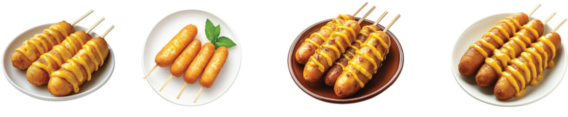 Delicious corn dogs served with mustard at a picnic table Transparent Background.