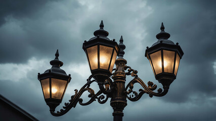 Metal street lamp under overcast sky background