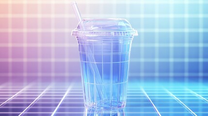 Wall Mural - Vector illustration of a clear plastic cup with a straw and lid, rendered in 3D with transparency and reflections on a grid background