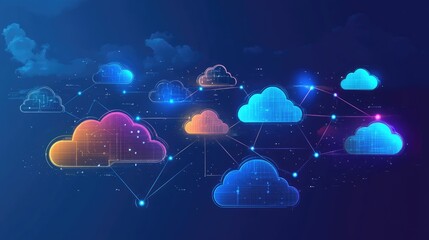 Vector of diverse 2D and 3D clouds linked together with data lines, symbolizing multi-cloud infrastructure and connectivity