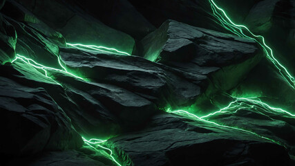 Poster - Neon green light on chiseled stone surface background