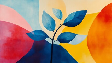 Wall Mural - Abstract painting of blue leaves and colorful geometric shapes.