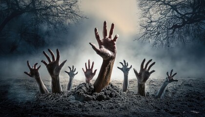 zombie hand in the night. zombie hand in the sky. Zombie Hands Emerging from the Ground. A chilling image of several decayed, zombie hands. halloween background. halloween wallpaper 2k, 4k 8k. 