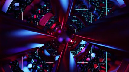 Wall Mural - Abstract background 3D animation moving through shiny glass metal and neon lights tunnel, loop