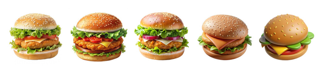 Collection of Burger 3d icon Cheeze burger set isolated on transparent background cutout PNG