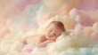 © Rattanathip - Adorable sleeping baby surrounded by fluffy, colorful clouds, creating a dreamy, peaceful atmosphere. Perfect for baby-themed projects and design.