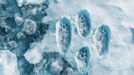 Detailed view of animal tracks on icy terrain, showcasing clear paw prints in snow. Nature's beauty and wildlife at its best.