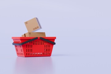 Wall Mural - 3d Shopping cart basket with cardboard boxes inside cart icon isolated on purple background. Online Shopping, E-Commerce Concept. Minimal Empty Plastic shopping basket cart icon creative. 3d render.