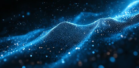 Abstract blue glowing particles form a wave pattern on a dark background.