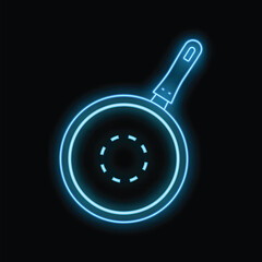 Wall Mural - Blue neon sign of a frying pan glowing on a dark background