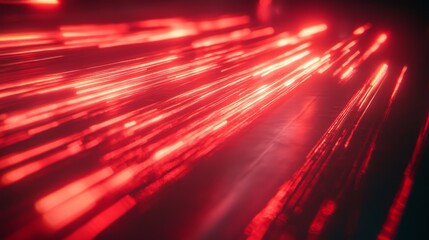 Abstract red lines depict the speed of the road in red. Red light trails on a dark background, with a high speed and fast motion blur effect. Design of a postcard, banner, website