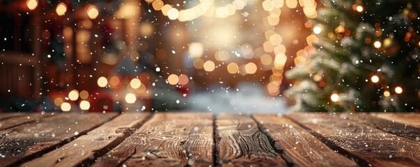 Wall Mural - Wooden table decorated with pinecones and Christmas lights, creating a warm and cozy winter holiday scene. Free copy space for text.