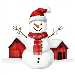 Wall Mural - A snowman with a Christmas scarf standing in front of a red barn, watercolor illustration, isolated on white background