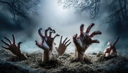 zombie hand in the night. zombie hand in the sky. Zombie Hands Emerging from the Ground. A chilling image of several decayed, zombie hands. halloween background. halloween wallpaper 2k, 4k 8k. 