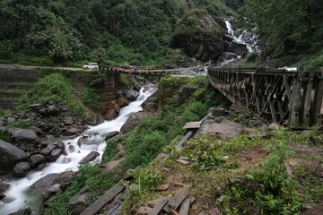 High mountain passes and bridges on the way to Lachun, Sikkim, India