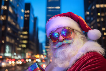 Canvas Print - Fashionable Santa Delivers with a Sparkling Rainbow Beard and Chic Glasses  