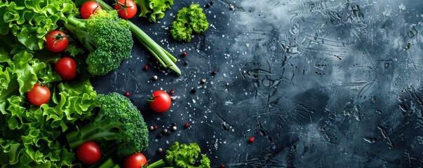 Wall Mural - Vibrant green vegetables and fresh tomatoes arranged against a dark background, representing healthy eating. Free copy space for text.