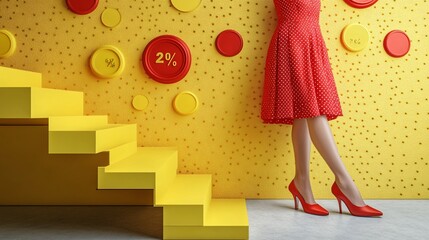 Wall Mural - End of season sale design featuring bright percentage tags, product icons like dresses and shoes, and dynamic typography. The playful, modern graphics emphasize the urgency of limited-time offers.