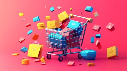 Wall Mural - Illustration of a shopping cart filled with colorful products, surrounded by discount tags. The vector art style uses vibrant colors and clean lines to create a modern, eye-catching design. Large