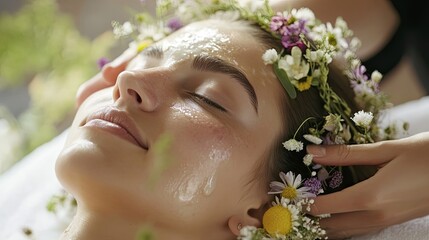 A Woman with a Flower Crown Receives a Facial Treatment