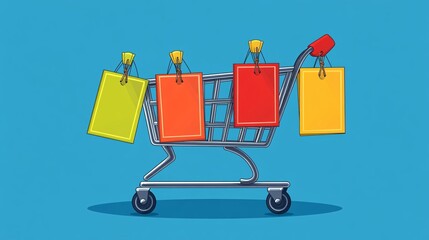 Wall Mural - Shopping cart illustration with various discount tags hanging from the handle, presented in a flat vector style. The colorful graphics and minimalistic background create a strong focus on the sale.