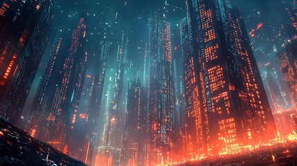 A digital landscape where binary code streams through a futuristic cityscape, with towering skyscrapers formed from glowing ones and zeros. The scene represents the integration of data into