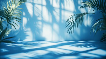 Wall Mural - Palm Fronds Cast Shadows on Blue Background