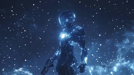 A futuristic space soldier stands amidst a starry cosmos, showcasing advanced armor and a glowing core in this sci-fi illustration.