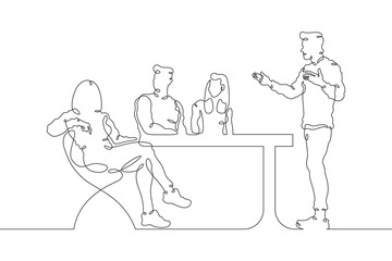 Poster - Continuous one line drawing collaboration in the office. Creative employee meeting in the office. Meeting at work. One continuous line isolated minimal illustration.