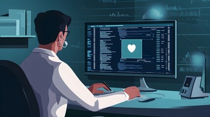 Poster - Man Working on Computer with Heart Icon on Screen