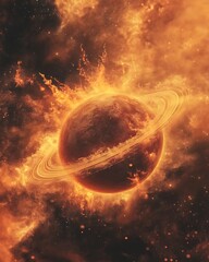 Wall Mural - A fiery planet with rings surrounded by a nebula of fire.