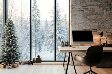 Canvas Print - Panoramic Open Office with Natural Christmas Decorations and Snowy View  