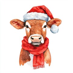 Wall Mural - A cow wearing a Santa hat and scarf, standing in snow, watercolor illustration, isolated on white background