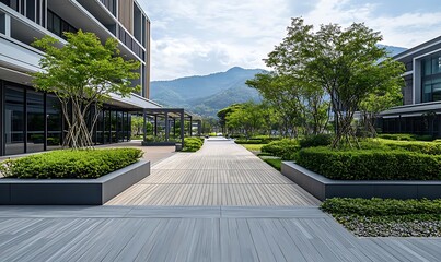 Modern architectural landscape with greenery and pathways leading to mountains.