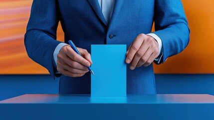 Men in classic business suit, drops ballot paper into ballot box at polling station, 3D poster of act of civic participation