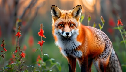 Elegant red fox exploring a vibrant spring garden