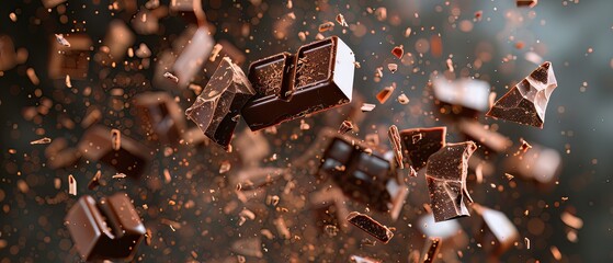 Exploding dark chocolate pieces with flying shards in dramatic lighting