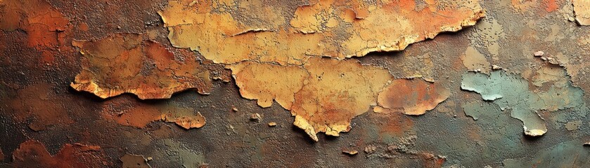 A dramatic abstract rustic wall texture, featuring layers of faded, peeling paint in a spectrum of warm, earthy colors, presenting a rugged and aged surface with a rich, complex visual texture. 3d