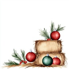 Wall Mural - A stack of hay bales with Christmas ornaments and garlands, watercolor illustration, isolated on white background