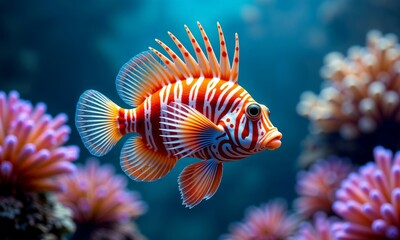 A beautifully colorful fish is gracefully swimming near a pink coral reef